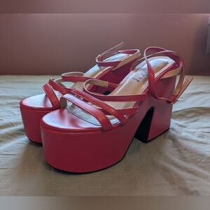 Lemon Drop by Privileged Tornado Strappy Platform Heels W7 Lipstick Red